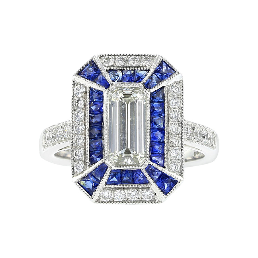Platinum Emerald-Cut Diamond and Sapphire Ring