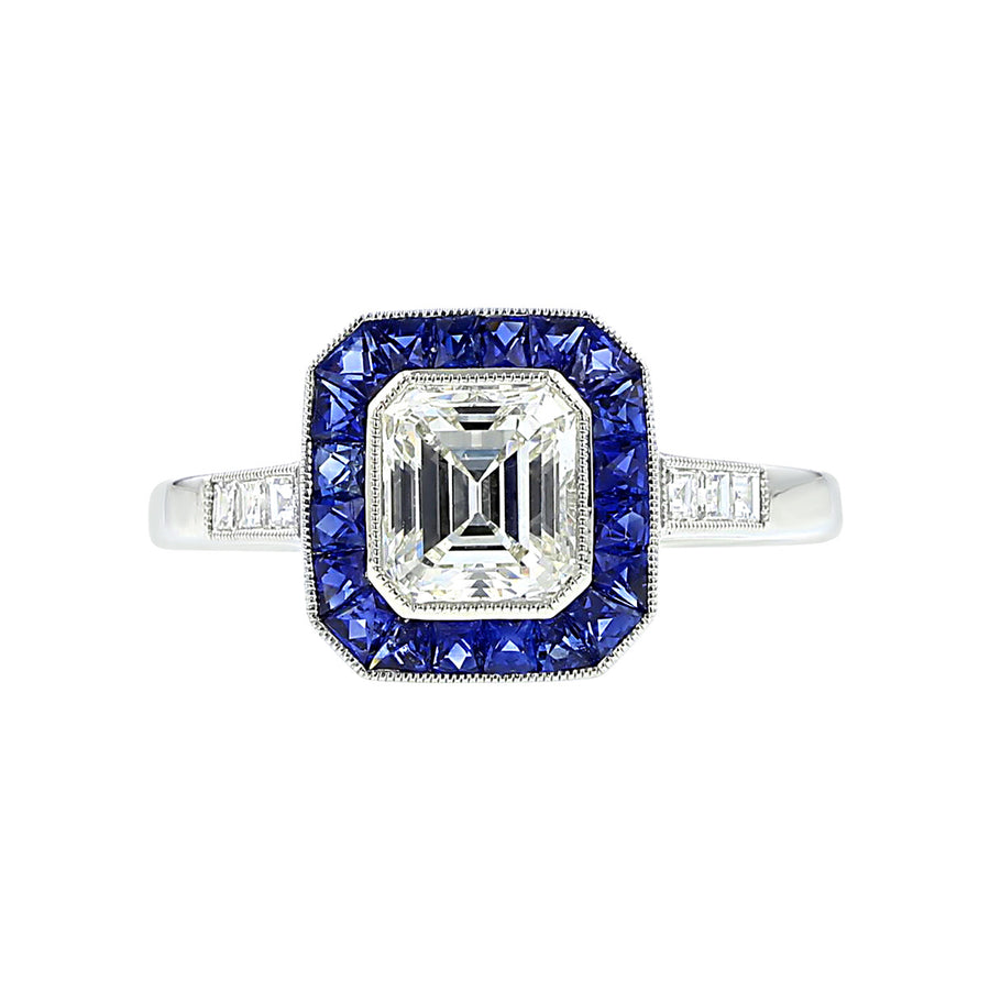 Platinum Emerald-Cut Diamond and Sapphire Halo Ring