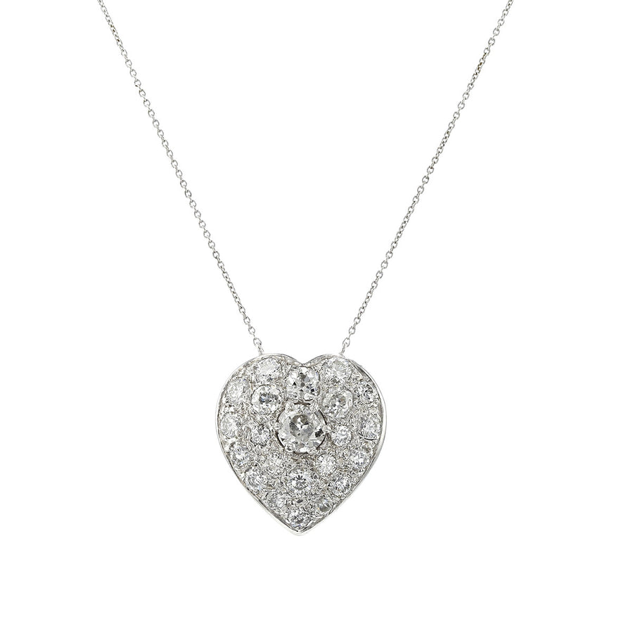 Platinum Old European Cut Diamond Heart Pendant Necklace