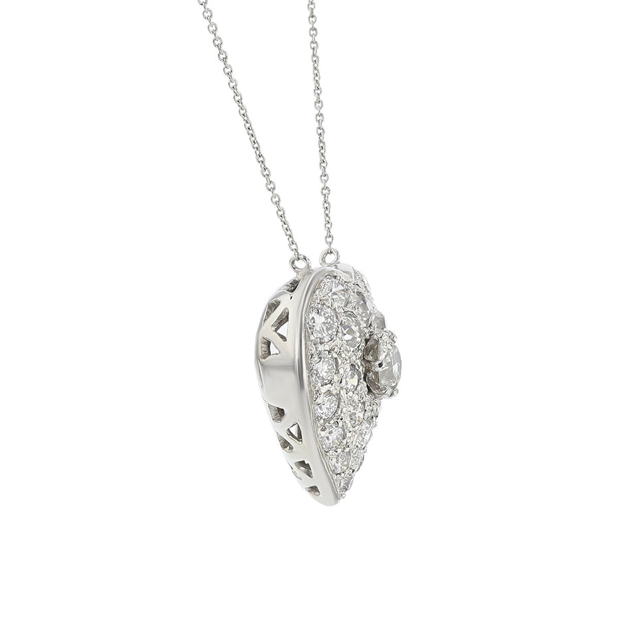 Platinum Old European Cut Diamond Heart Pendant Necklace