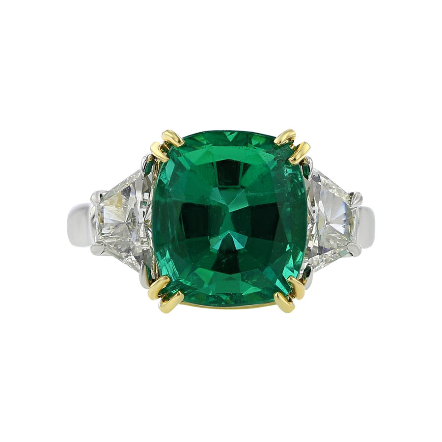 Platinum and 18K Gold Emerald 3-Stone Ring
