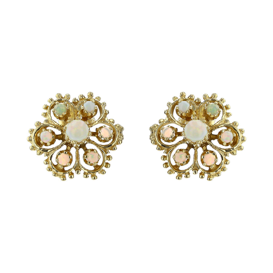 14K Yellow Gold Cabochon Opal Sunburst Earrings