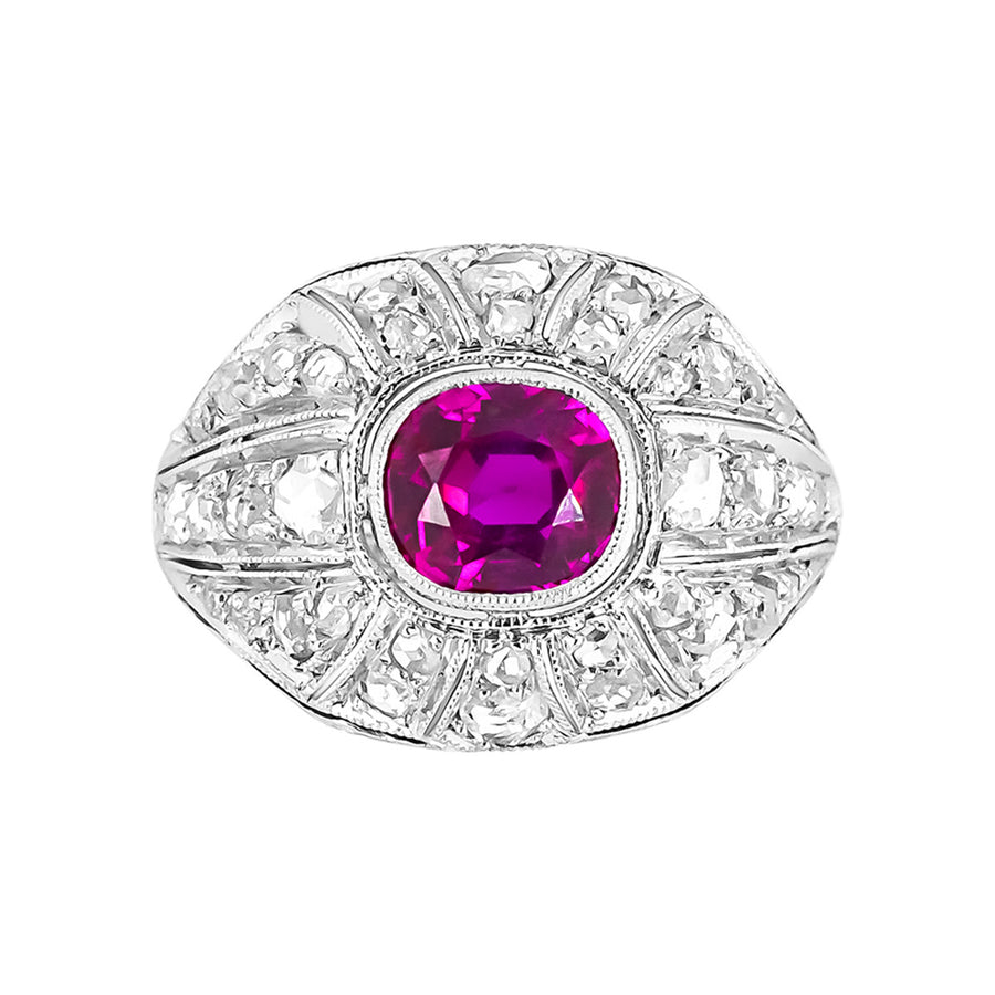 Art Deco Platinum Ruby and Diamond Halo Ring