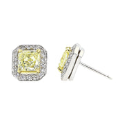 Fancy Yellow Radiant Cut Halo Diamond Stud Earrings