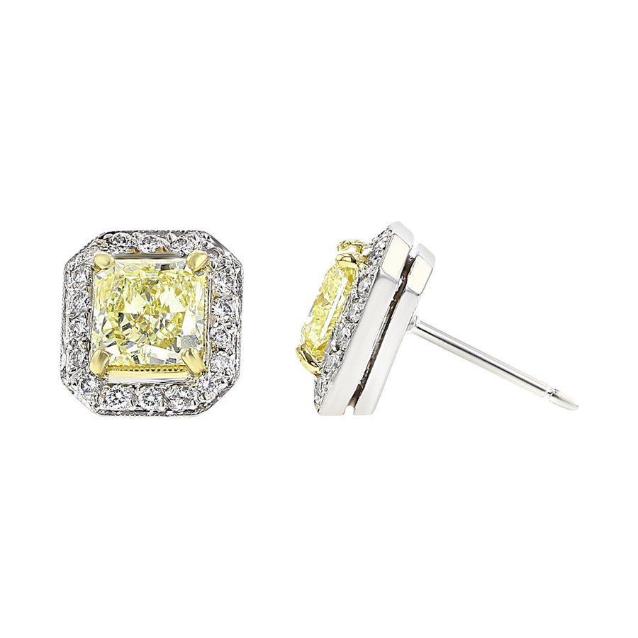 Fancy Yellow Radiant Cut Halo Diamond Stud Earrings
