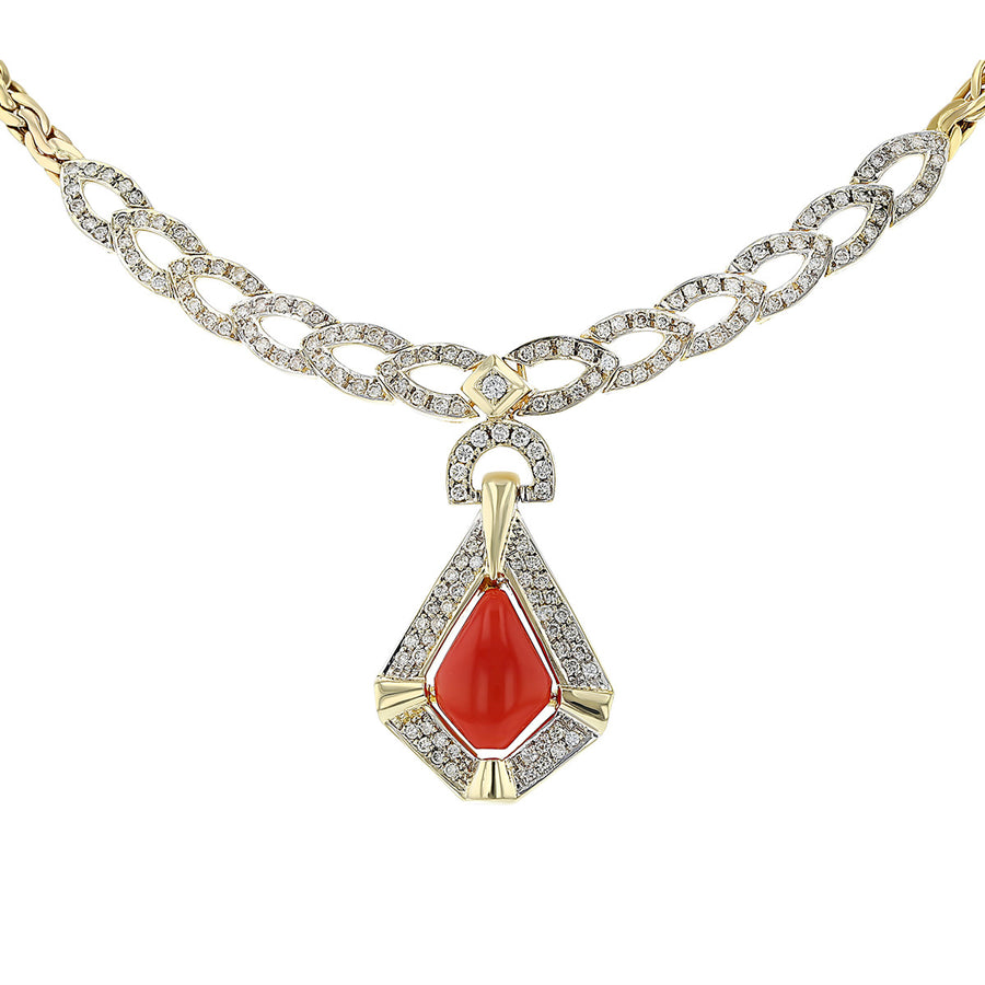 14K Yellow Gold Cabochon Coral and Diamond Necklace
