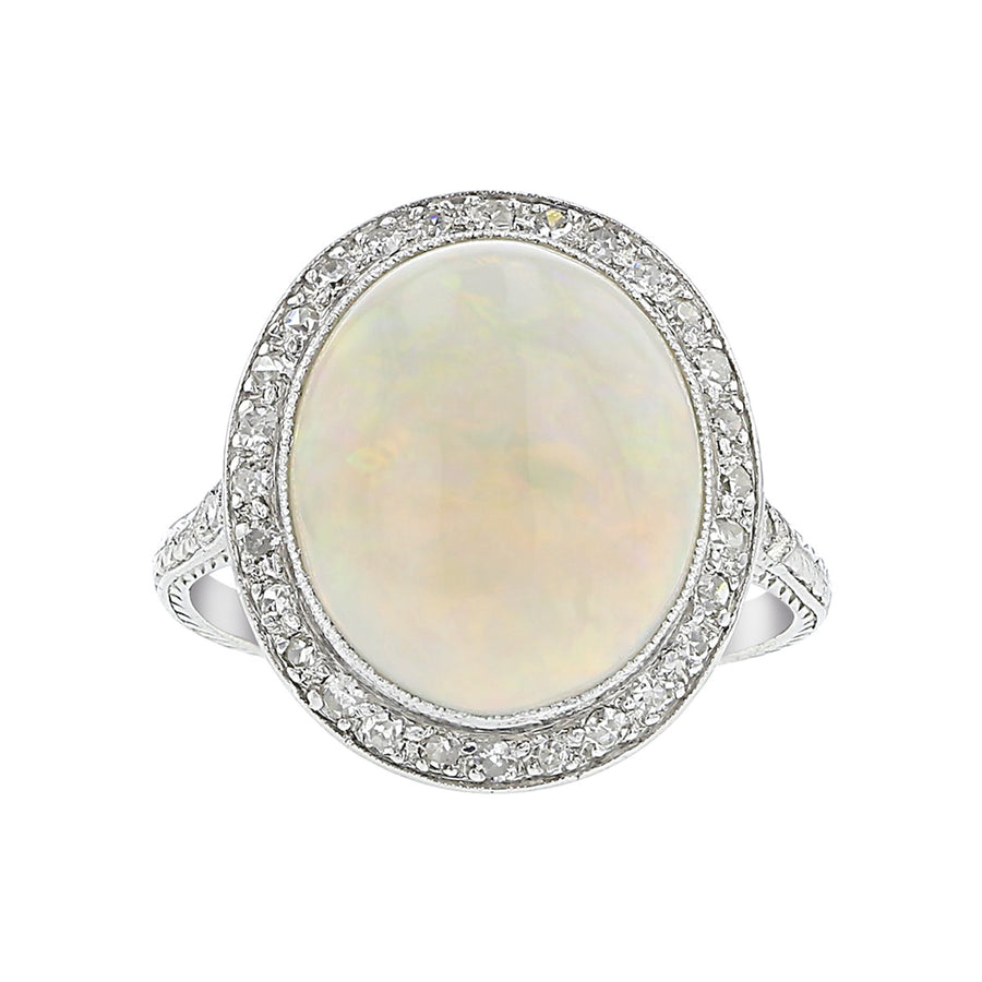 Platinum White Opal and Diamond Halo Ring