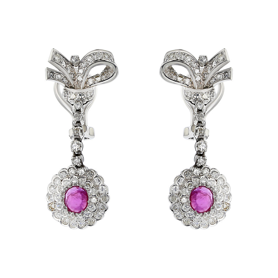 Palladium Ruby and Diamond Halo Bow Drop Earrings