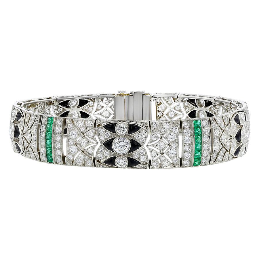 Platinum Diamond, Emerald and Onyx Bracelet