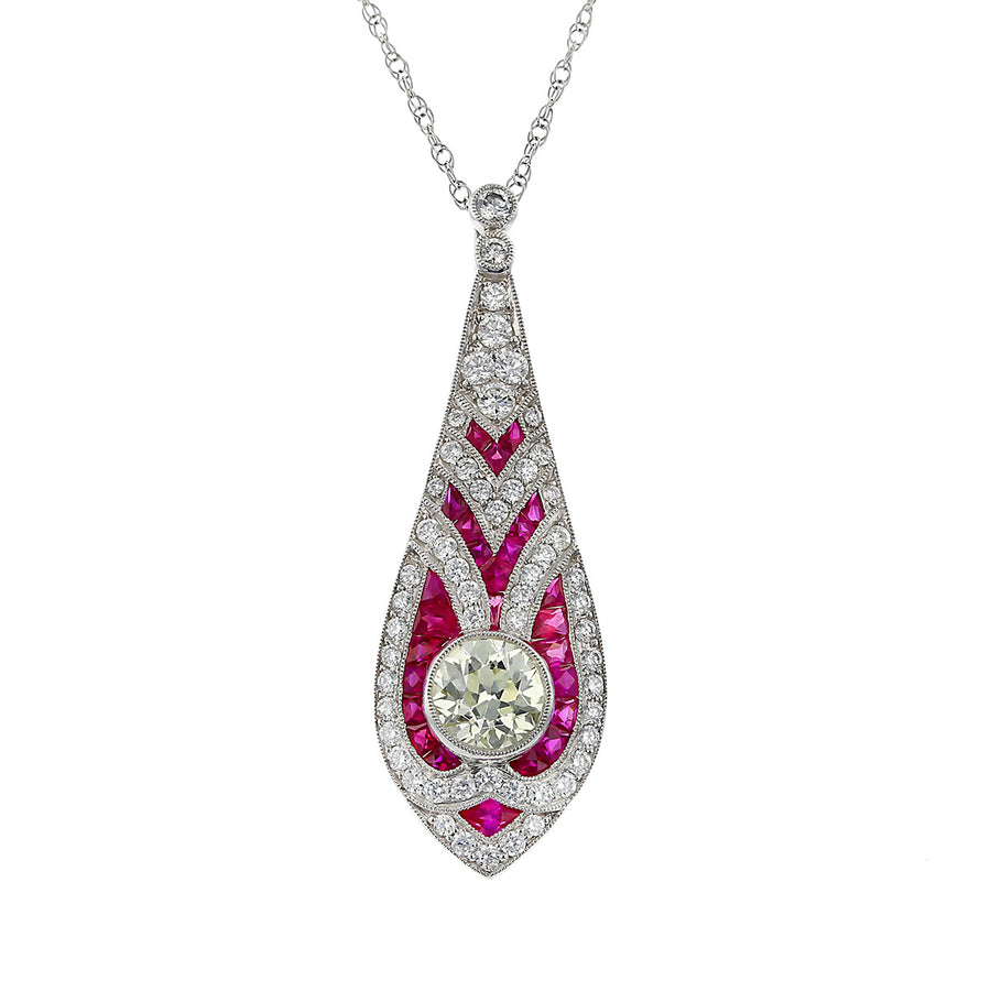 Platinum Diamond and Ruby Pendant Necklace