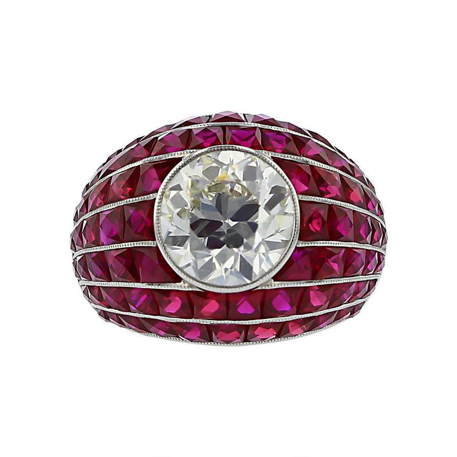 Platinum European-cut Diamond and Ruby Ring
