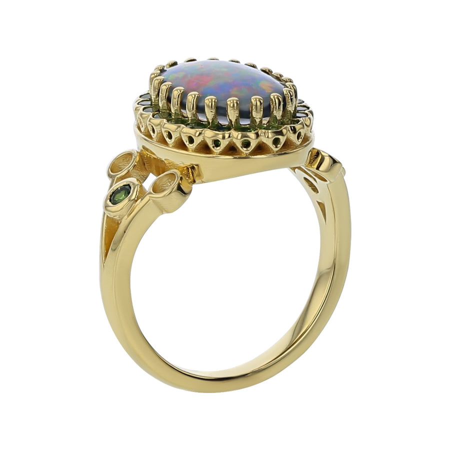 18K Gold Cabochon Black Opal and Tsavorite Halo Ring