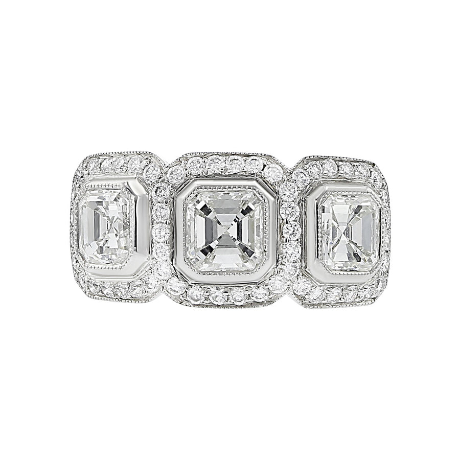 Platinum Asscher Diamond 3 Stone Halo Ring