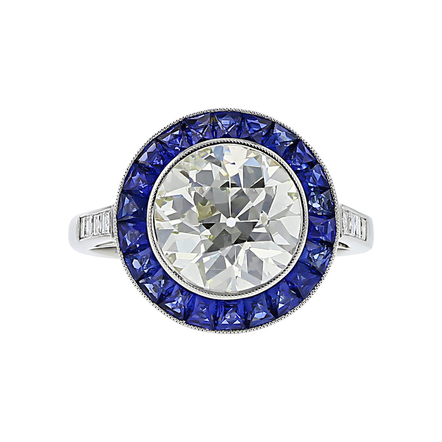 Platinum Old-European Diamond and Sapphire Halo Ring Schiffman's