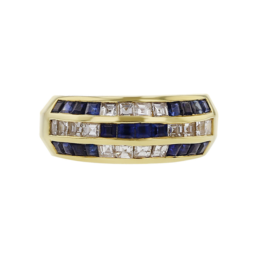 18K Yellow Gold Diamond and Sapphire 3 Row Ring