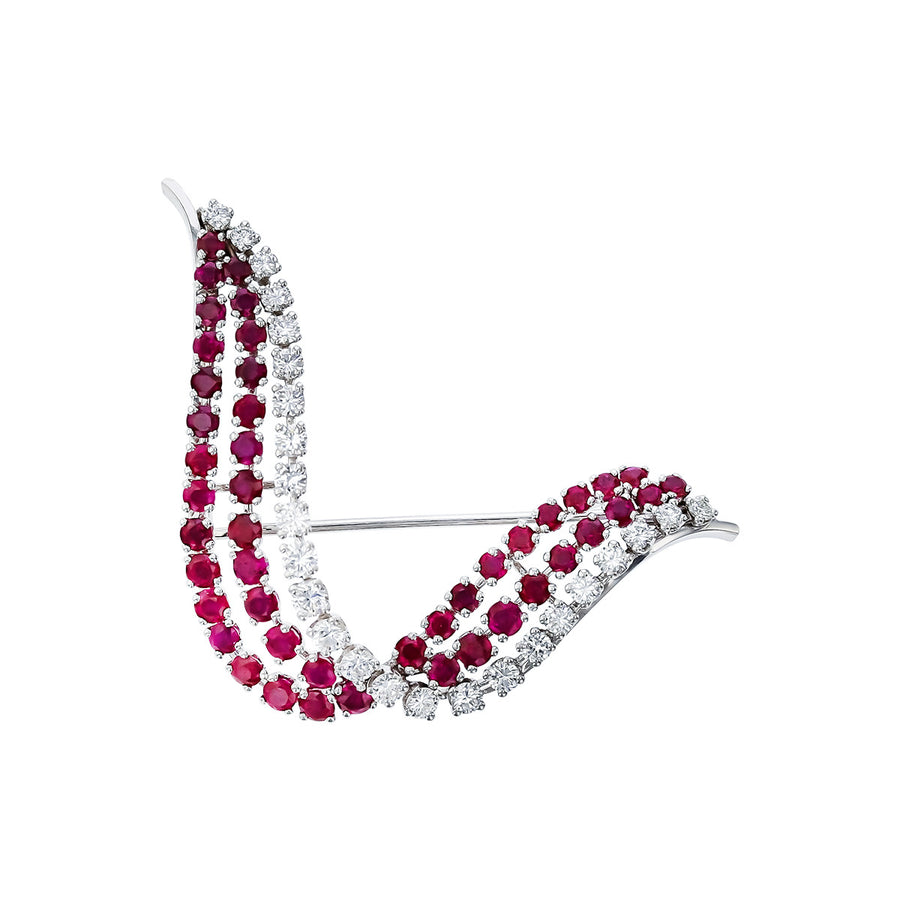 Platinum Burma Ruby and Diamond Swirl Wing Pin
