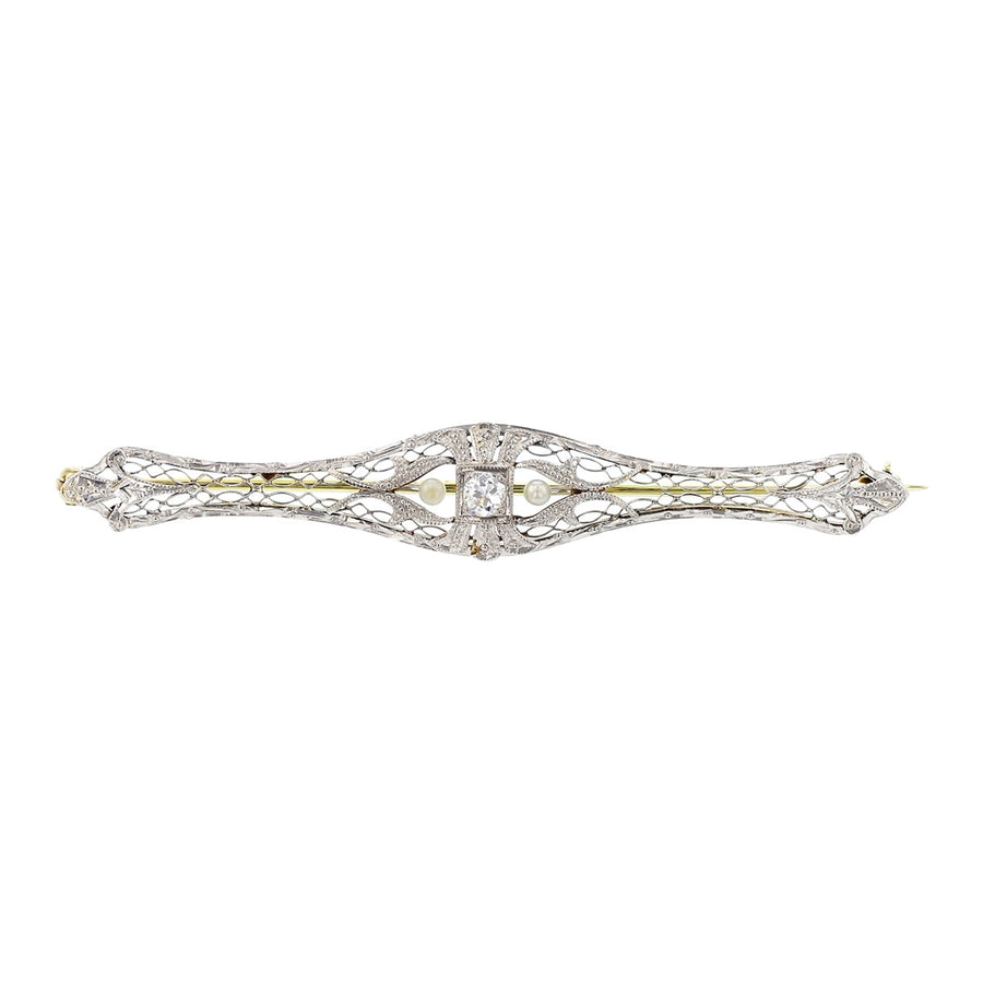 Art Deco Old Mine Cut Diamond and Pearl Filigree Pin