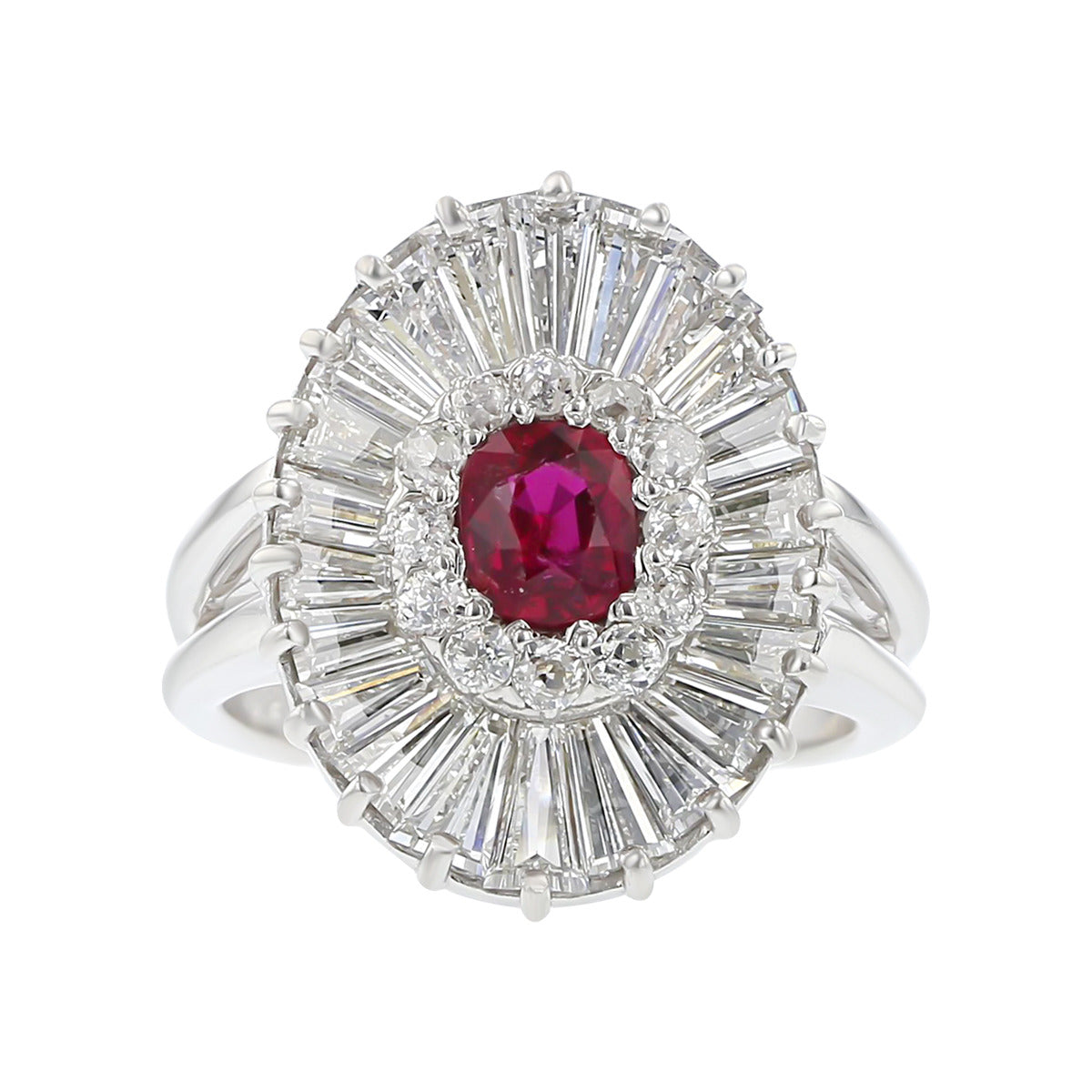 Ruby and Baguette Diamond Halo Ballerina Ring