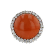 14K Gold Cabochon Coral and Diamond Halo Ring