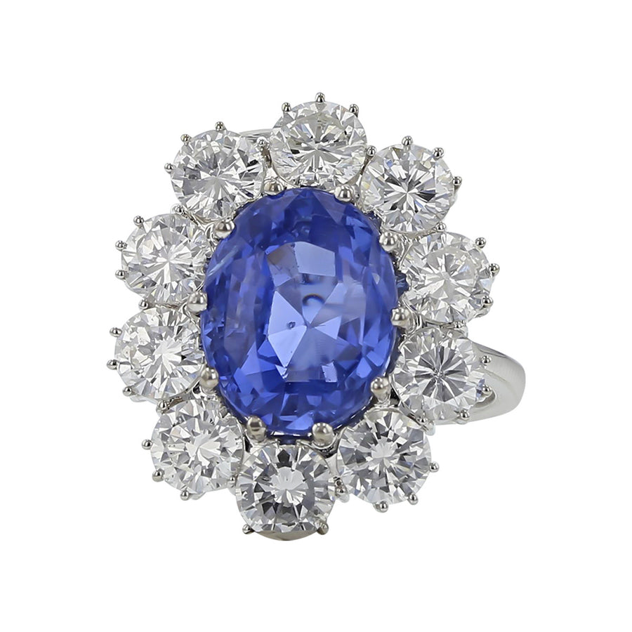 Platinum Ceylon Sapphire and Diamond Halo Ring