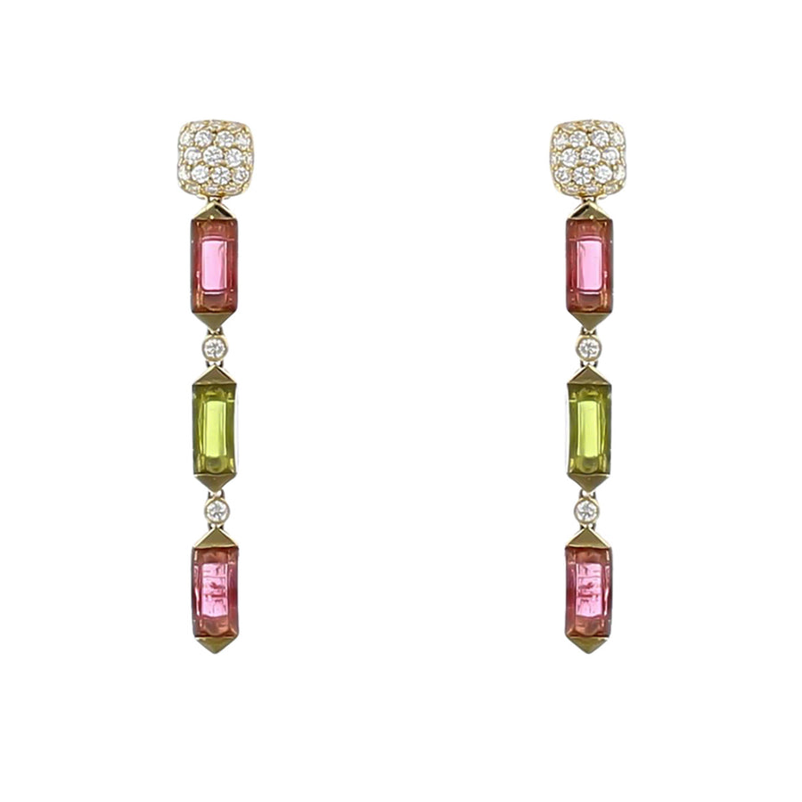 Pink Tourmaline, Peridot and Diamond Drop Earrings
