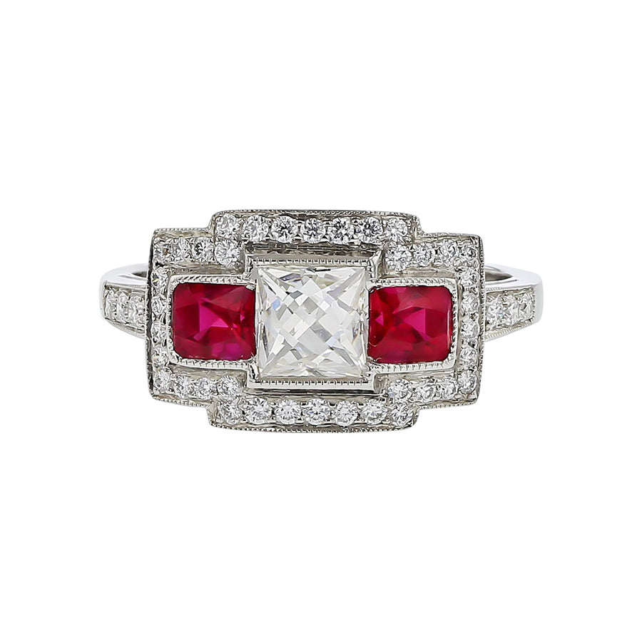 Platinum Princess-cut Diamond and Ruby Ring