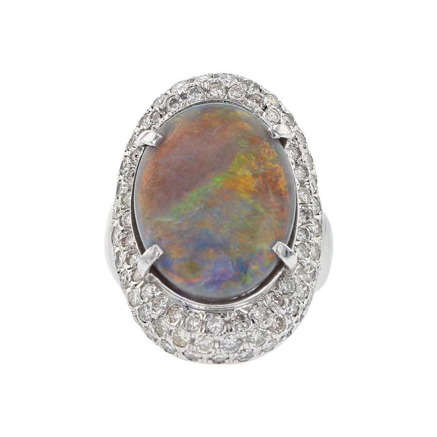 18K White Gold Opal and Pave Diamond Halo Ring