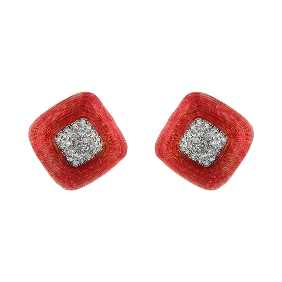 14K Gold Diamond and Pink Enamel Button Earrings