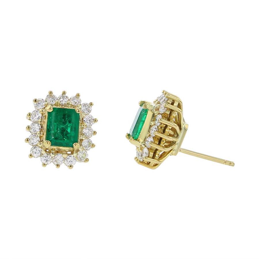 Emerald-cut Emerald and Diamond Halo Earrings