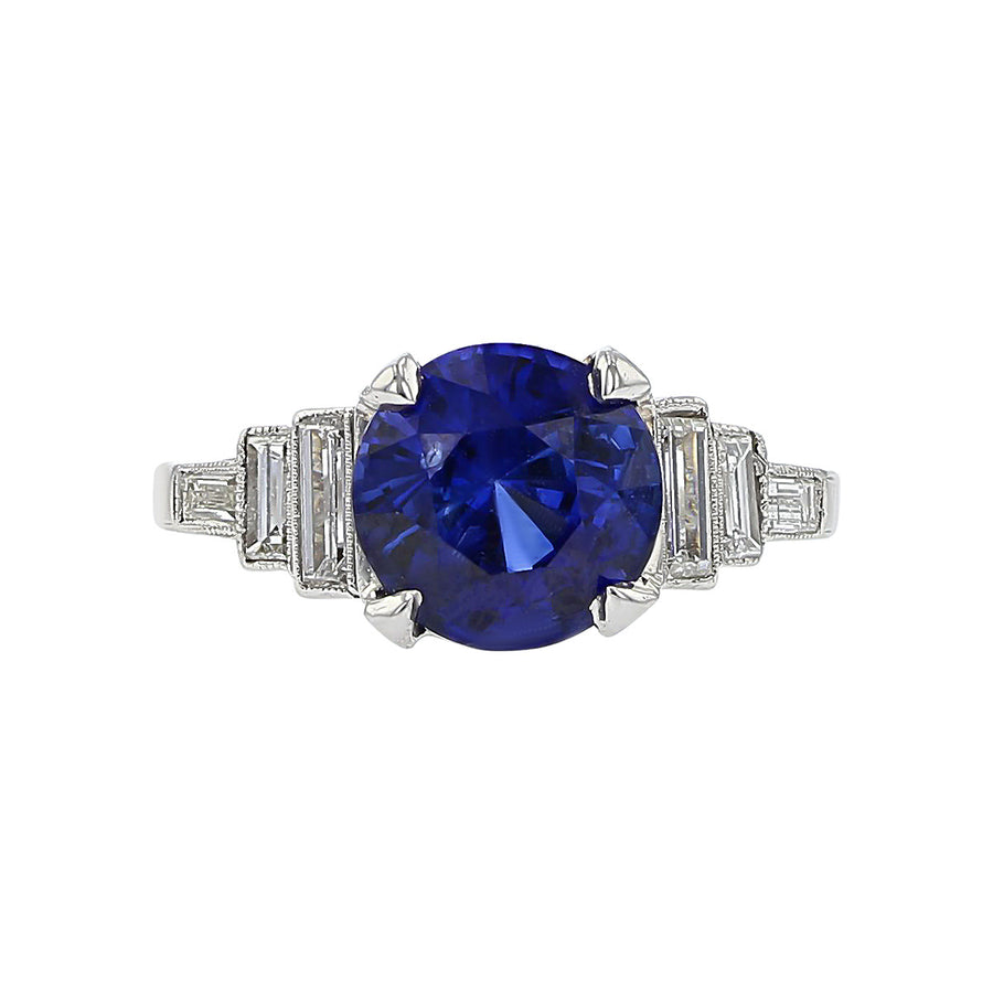 Art Deco Platinum Sapphire and Baguette Diamond Ring