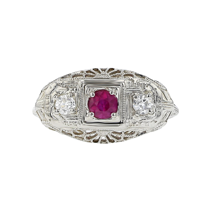 Art Deco 18K Gold Ruby and Diamond 3-Stone Ring