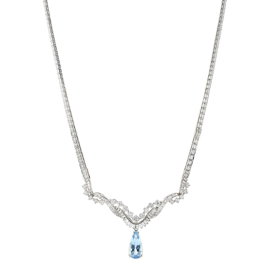 Platinum Pear Shape Aquamarine and Diamond Necklace
