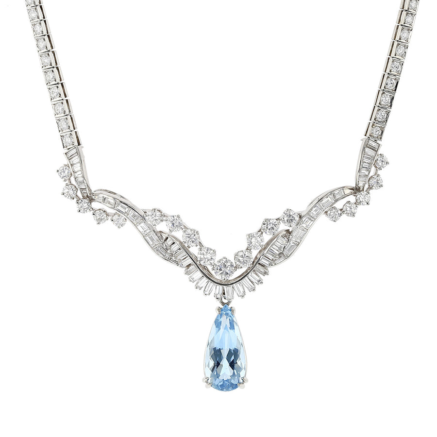 Platinum Pear Shape Aquamarine and Diamond Necklace
