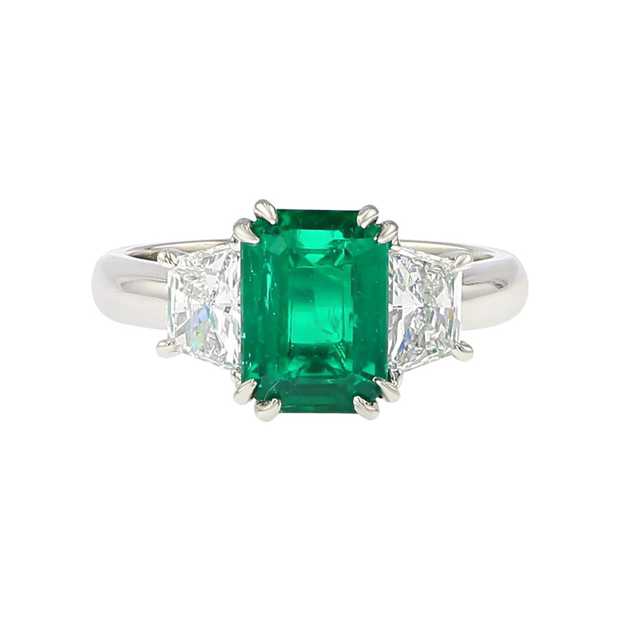 Platinum Colombian Emerald and Diamond 3-Stone Ring