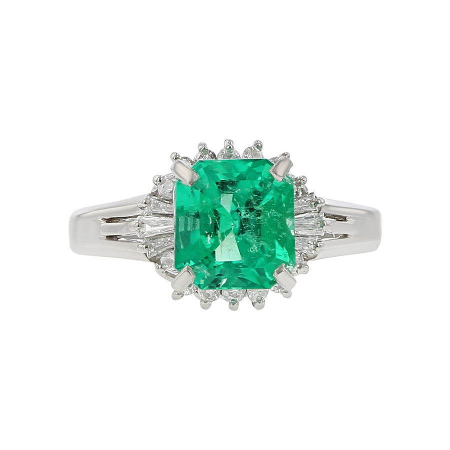 Platinum Emerald-cut Emerald and Diamond Halo Ring
