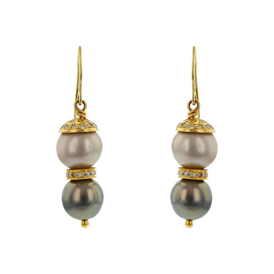 18K Gold Multicolor Pearl and Diamond Drop Earrings