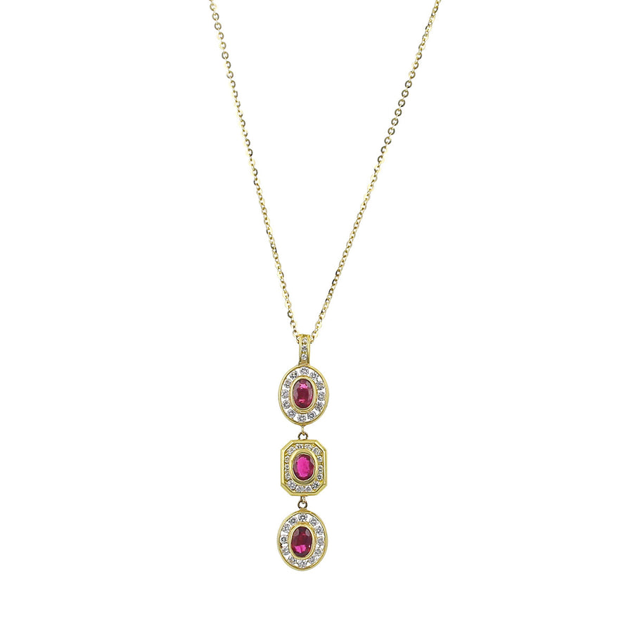 18K Gold Ruby and Diamond Halo 3-Tiered Pendant