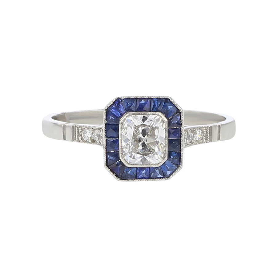 Platinum Radiant Diamond and Sapphire Halo Ring
