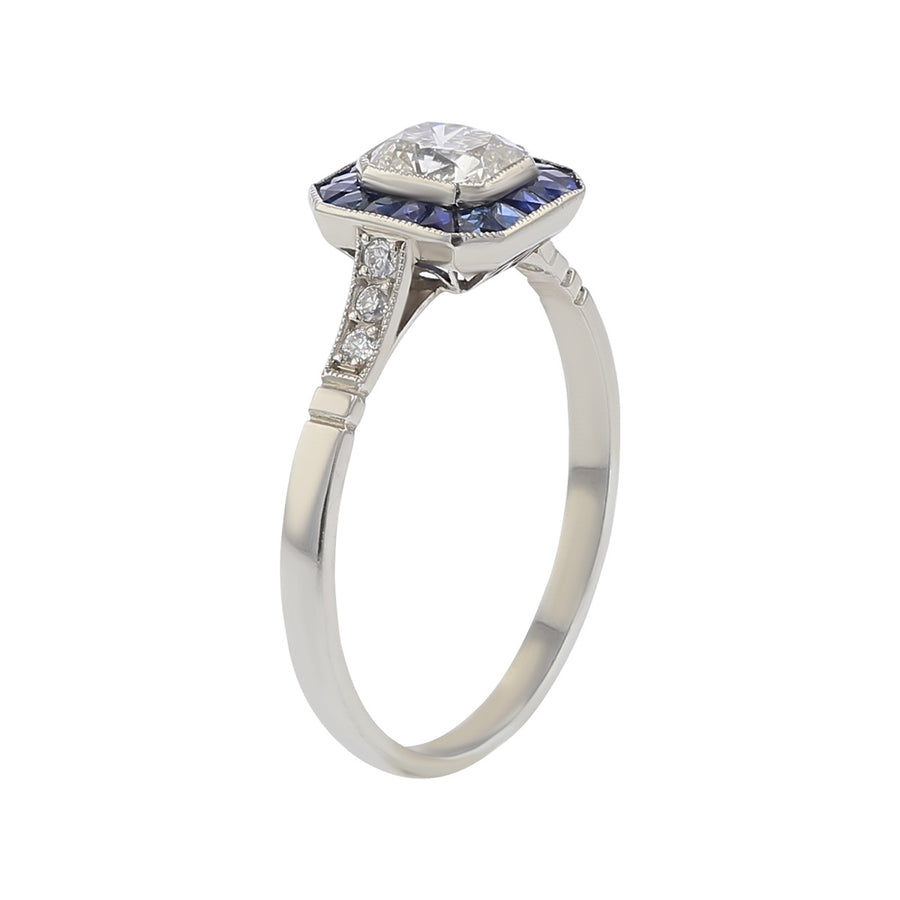 Platinum Radiant Diamond and Sapphire Halo Ring
