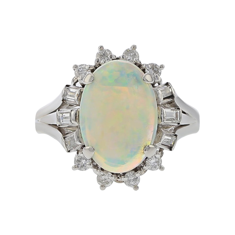 Mid-Century Platinum Australian Opal and Diamond Halo Ring