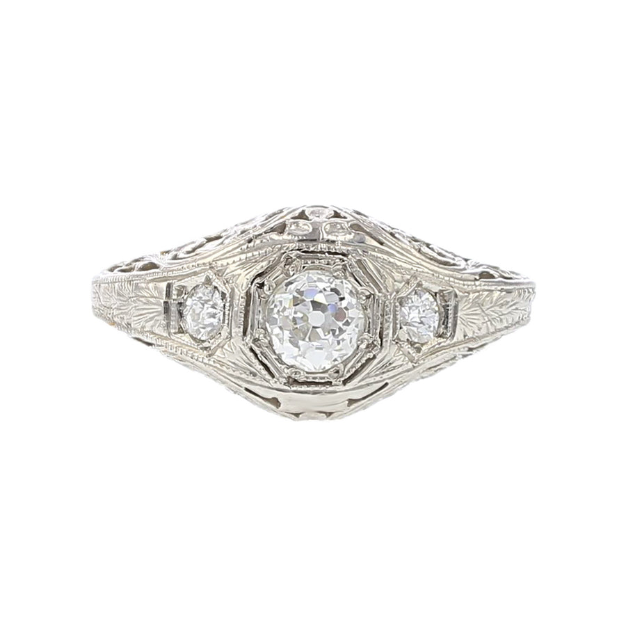 Art Deco Platinum Old Mine Cut Diamond 3-Stone Ring