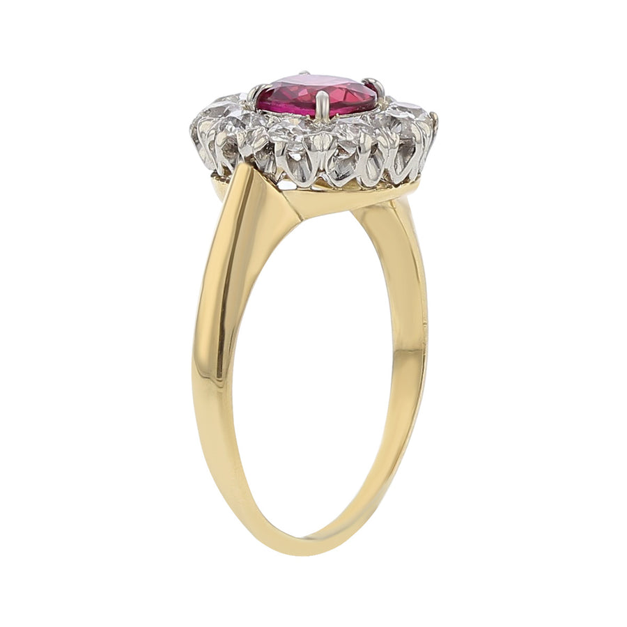 Edwardian Ruby and Diamond Halo Ring in Platinum and 18K Yellow Gold