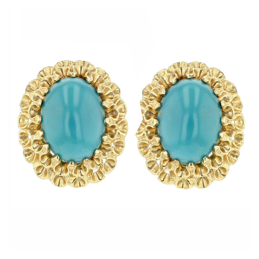 14K Yellow Gold Cabochon Turquoise Clip Earrings