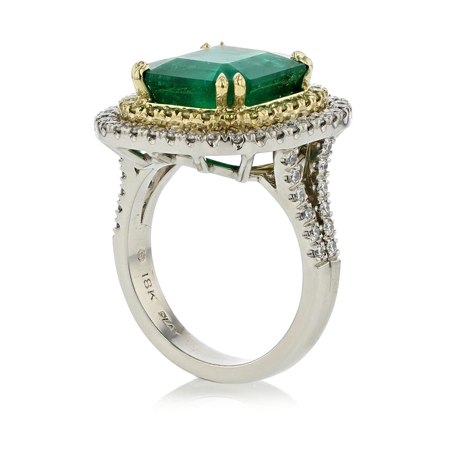 Colombian Emerald and Diamond Double Halo Ring