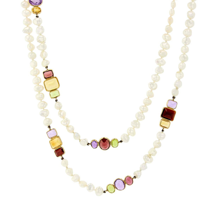 14K Yellow Gold Freshwater Pearl and Semi-Precious Stone Necklace