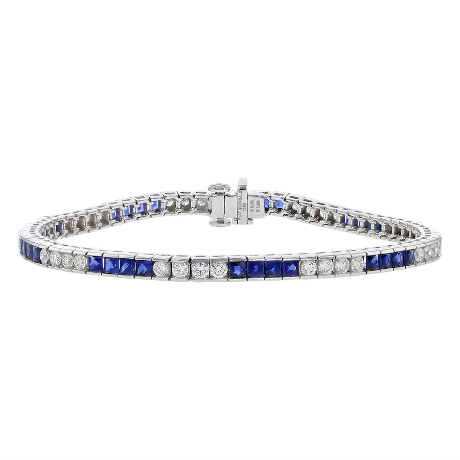 Platinum Blue Sapphire and Diamond Line Bracelet