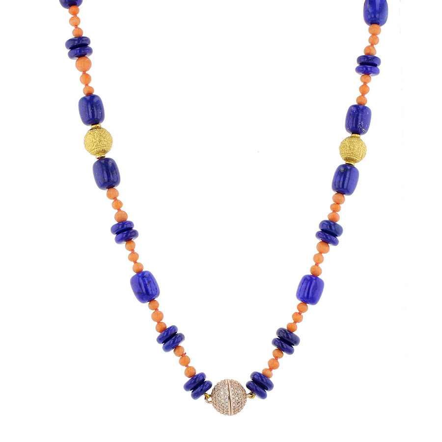 18K Yellow Gold Lapis and Coral Bead Necklace