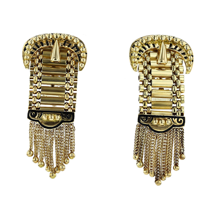 Mid-Century 14K Yellow Gold Enamel Tassel Earrings