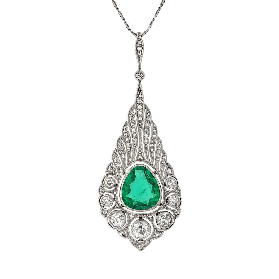 Art Deco Platinum Colombian Emerald and Diamond Pendant Necklace