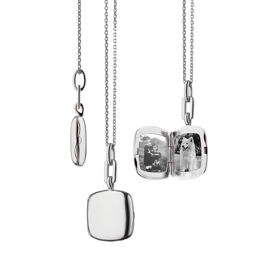 "Viv" Slim Cushion Locket Necklace in Sterling Silver, Adjustable Chain